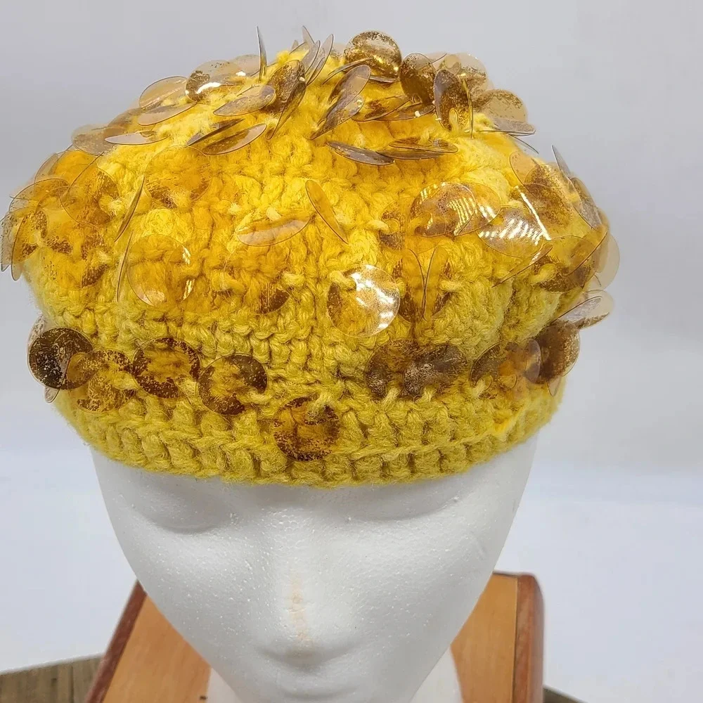 Vintage Knit Hat • Spangles • Mustard Yellow • 60s/70s - Picture 3 of 6